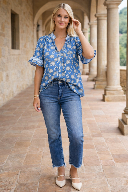 Threaded Pear Hana Detail Short Sleeve Blouse