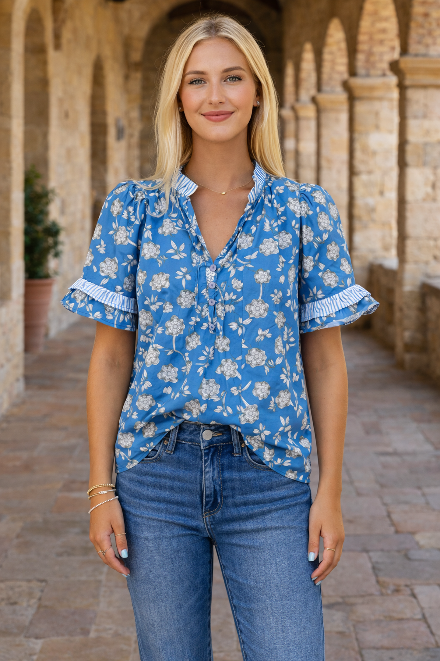 Threaded Pear Hana Detail Short Sleeve Blouse