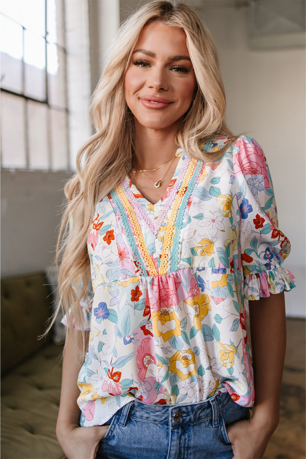 Threaded Pear Solana Boho Flower Half Puff Sleeve Blouse