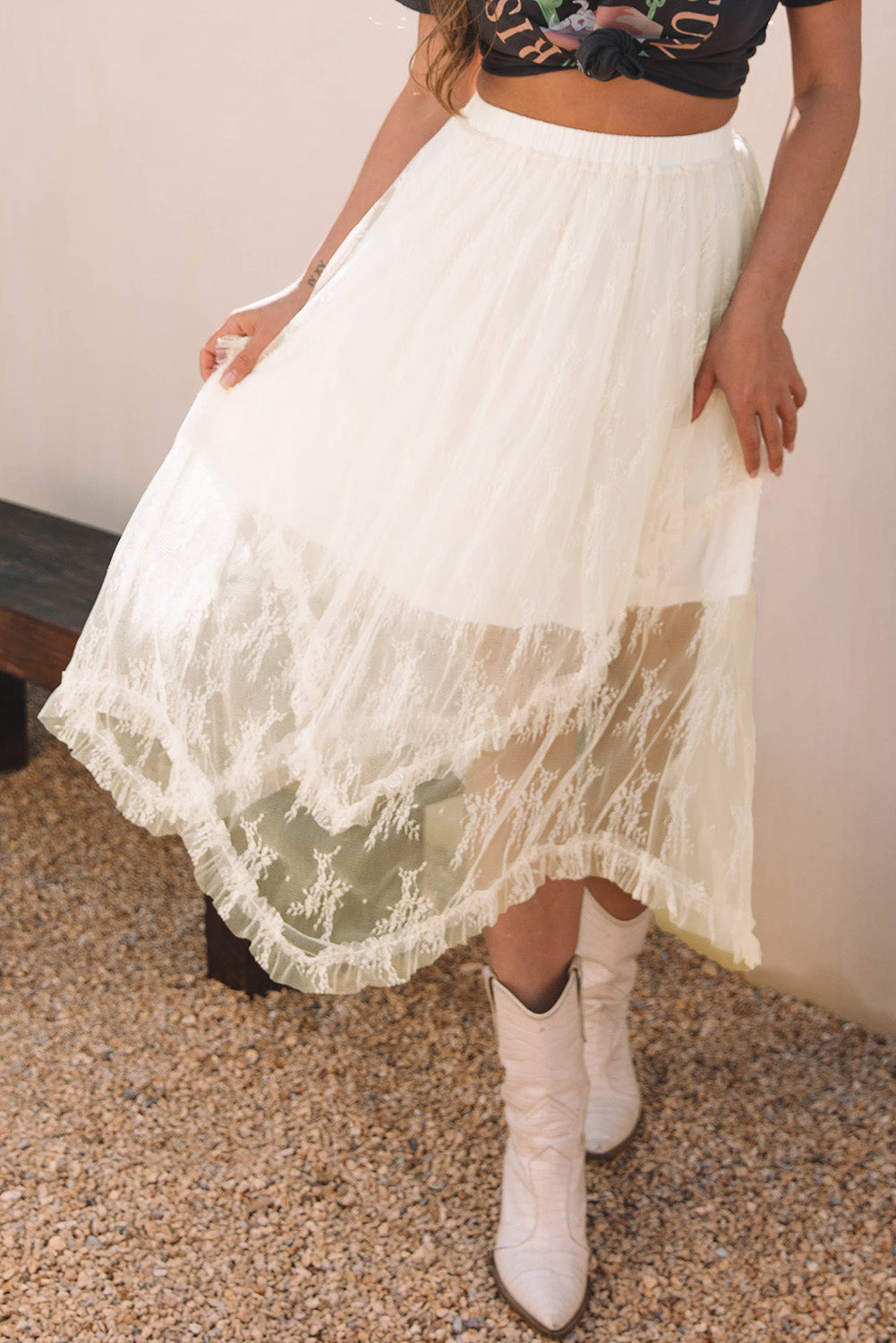 Threaded Pear Aliza Lace Cascading Tiered High Waist Maxi Skirt