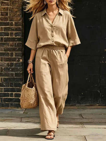 Short-Sleeve Shirt & Loose Pants Set – Casual Two-Piece