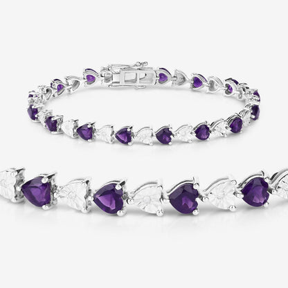 Heart Purple Amethyst & Diamond Prong Silver Tennis Bracelet