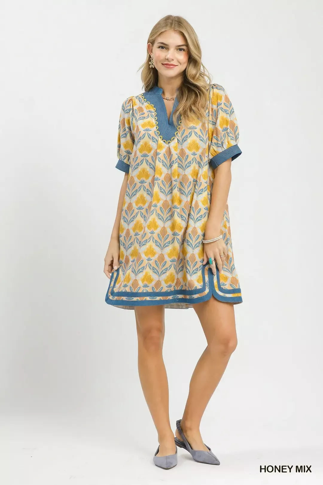 Umgee Mix Tile Print Mini Dress in Honey Mix