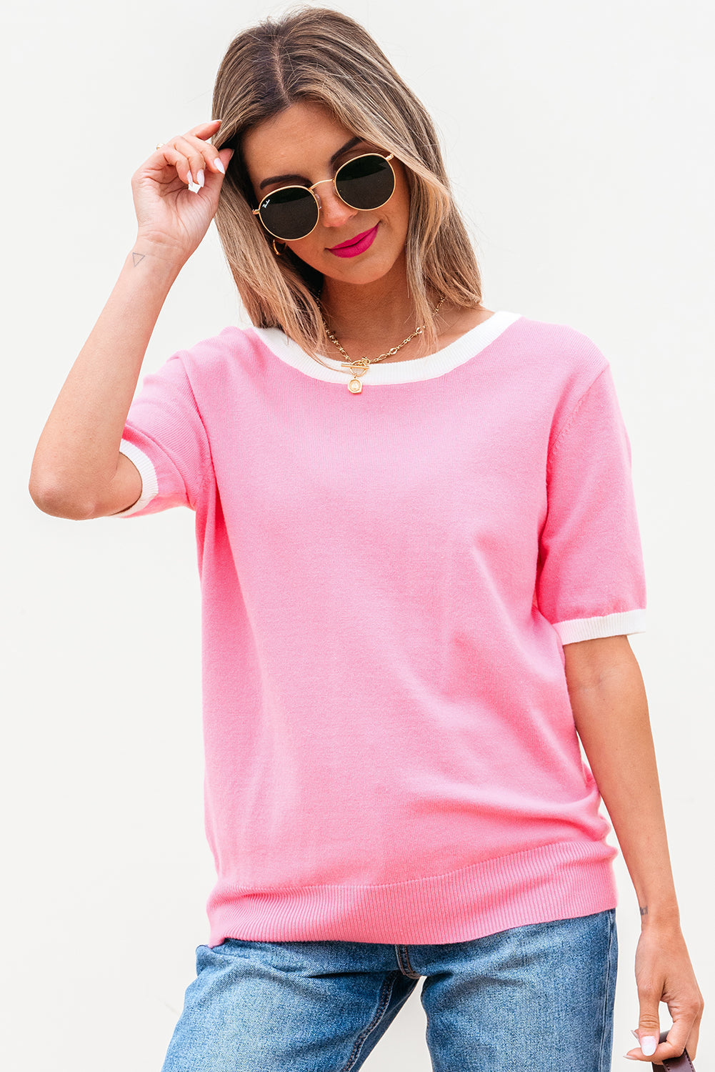 Threaded Pear Mercy Bow V-Shape Cut Back Short Sleeve Sweater