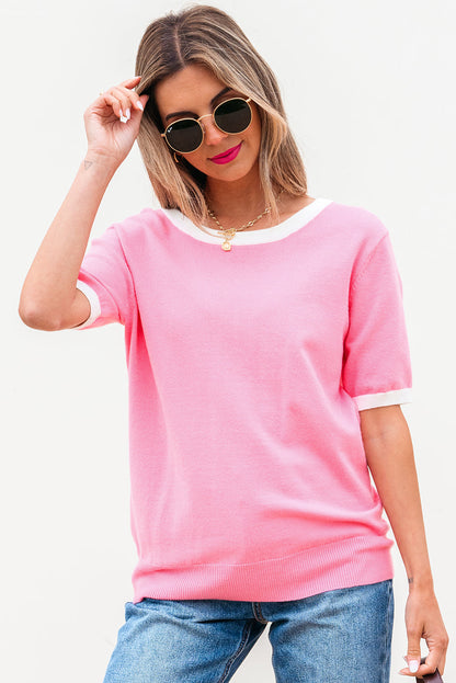 Threaded Pear Mercy Bow V-Shape Cut Back Short Sleeve Sweater