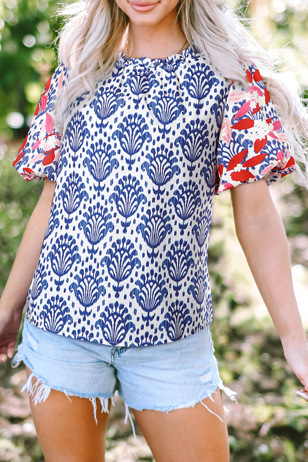 Threaded Pear Julieta Floral Puff Sleeve Frilled Neck Blouse