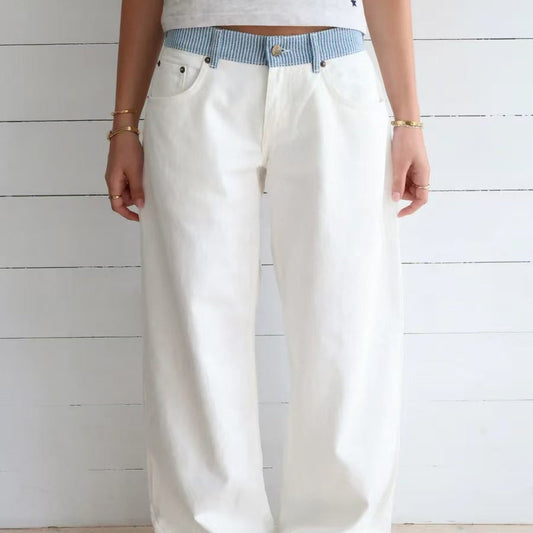Contrast Color Letter Ribbon Decorative Straight Stitching Jeans