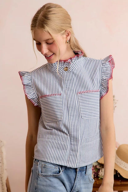 SO ME Stripe Twill Stitch Ruffled Hidden Button Vest Top