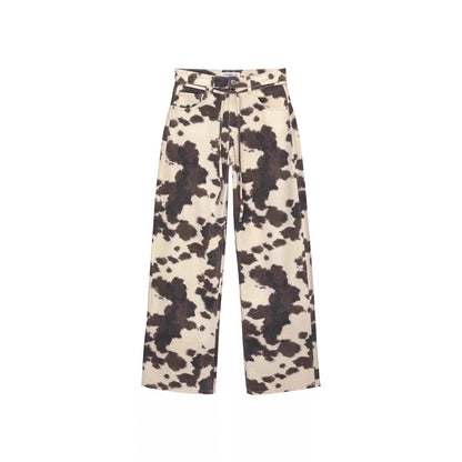 Womens Retro Washed Denim Jeans With Cow Print