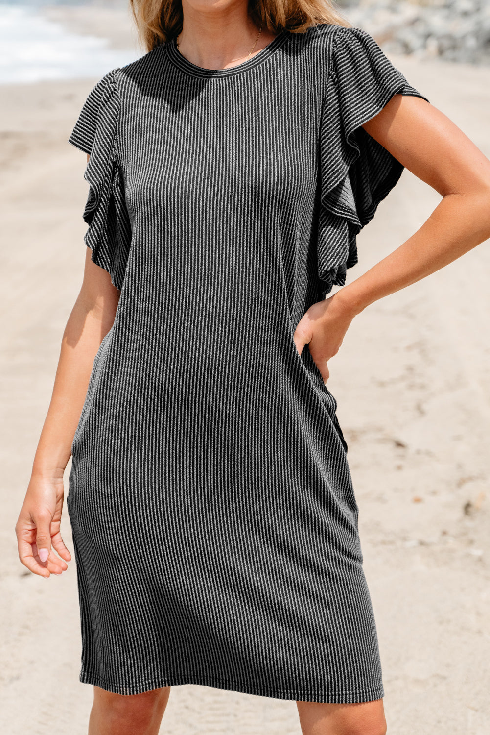 Jocelyn Ruffled Flutter Sleeve Dress - Threaded Pear