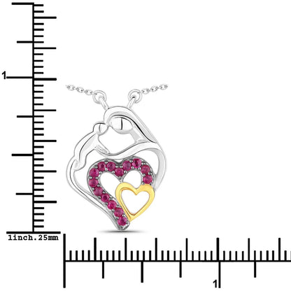 Round Pink Ruby Prong Silver Double Heart Pendant Necklace
