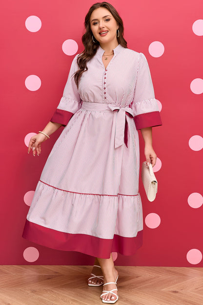 Threaded Pear Charlee Hem Pinstriped Midi PLUS Dress