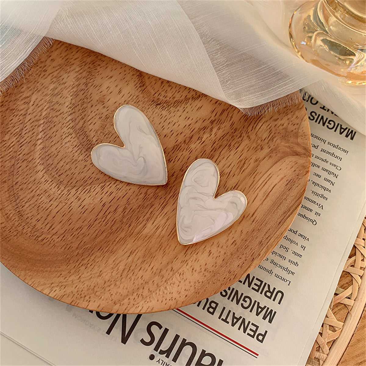 Ivory Enamel & Goldtone Heart Stud Earrings