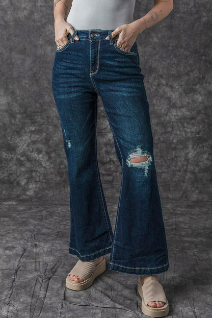 Threaded Pear Khloe High Rise Ripped Bell Bottom Jeans