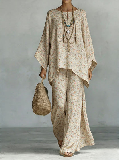 Floral Print Bamboo Linen Two-Piece Set with Wide-Leg Pants