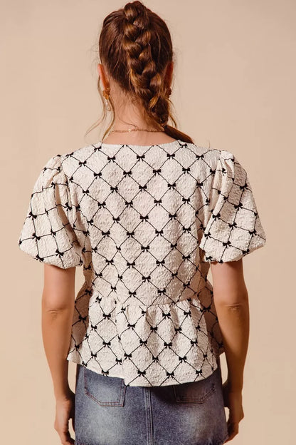 SO ME Bow Texture Woven Peplum Top With Contrast Tie