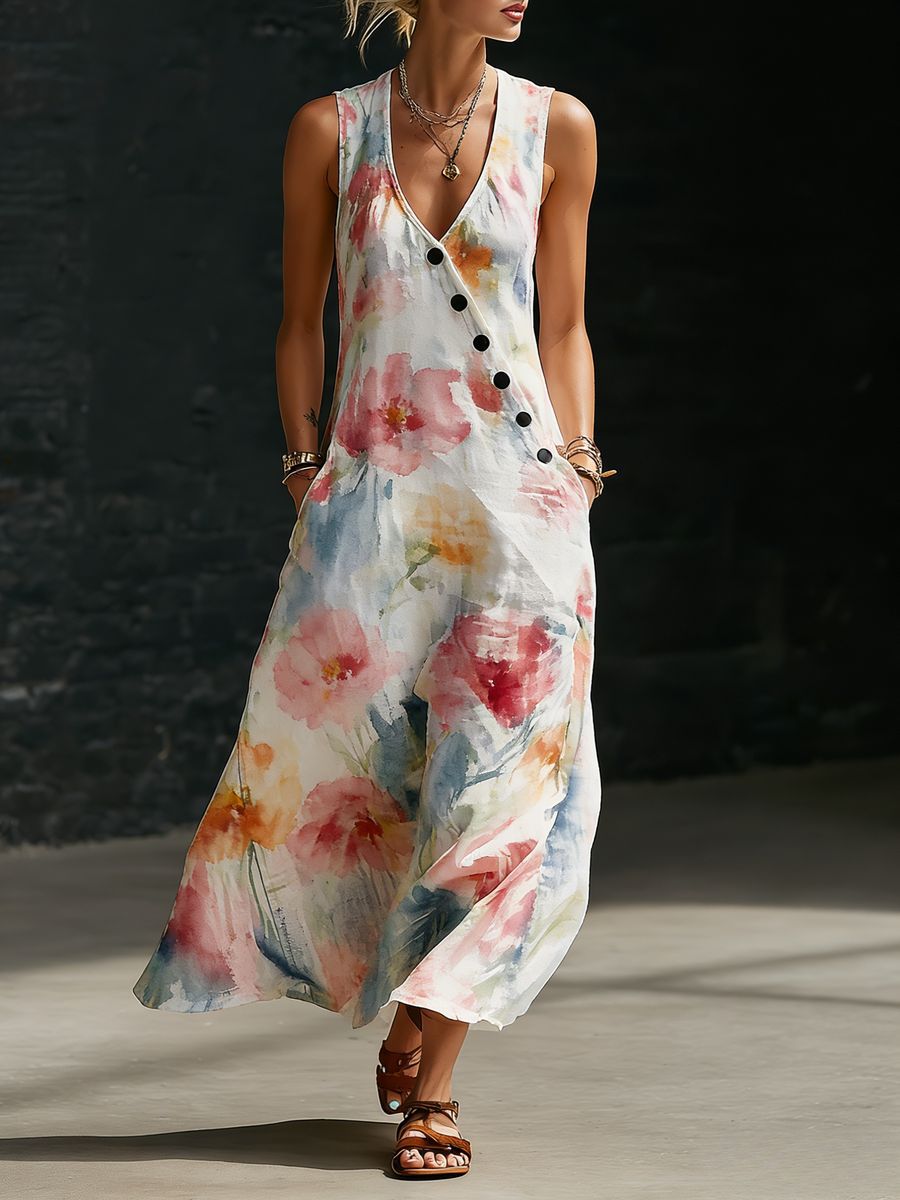 Women's V-Neck Diagonal Button Placket Cotton-Linen Shirt & Wide-Leg Pants Set