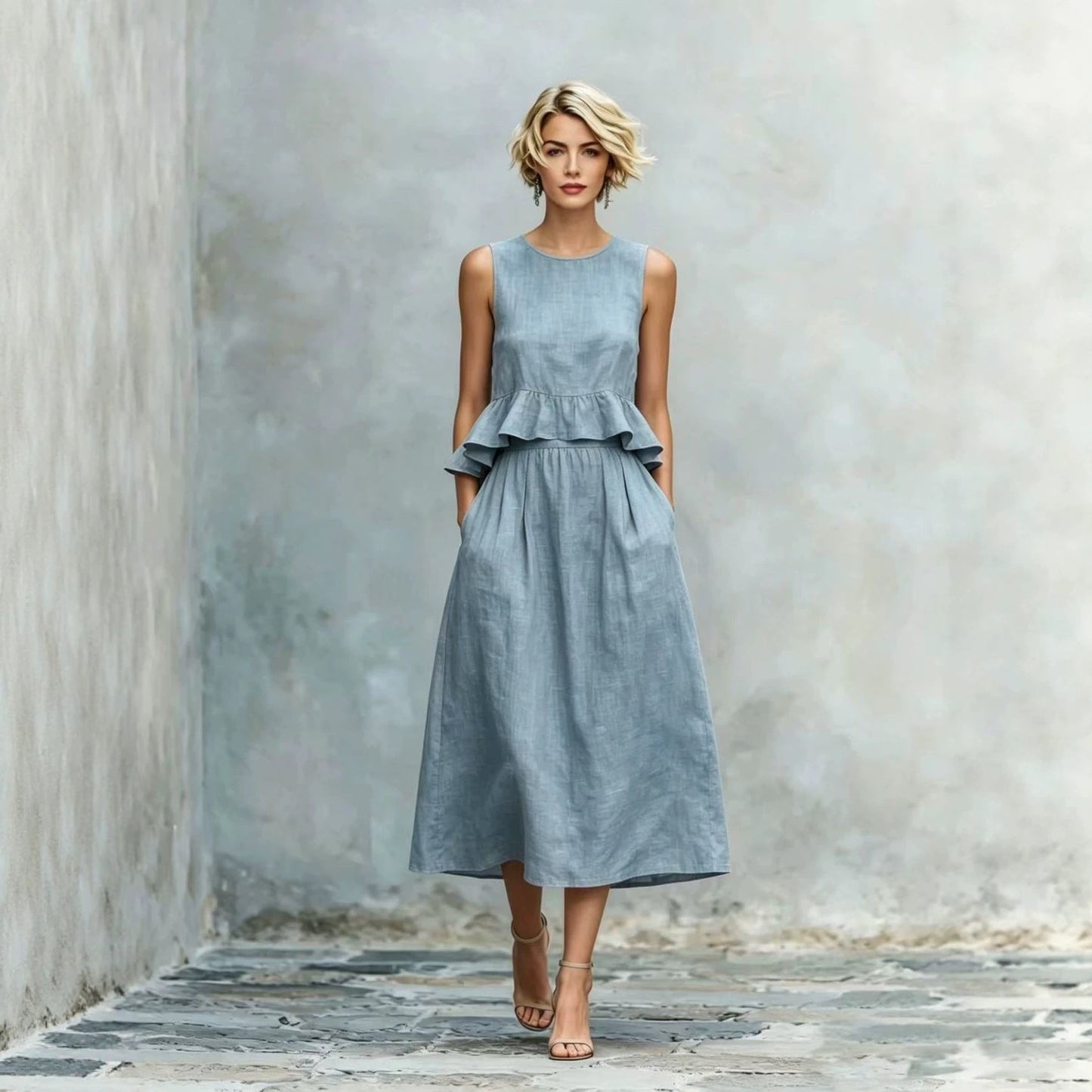 Women's Sleeveless High-Waist Ruffle Trim Maxi Dress