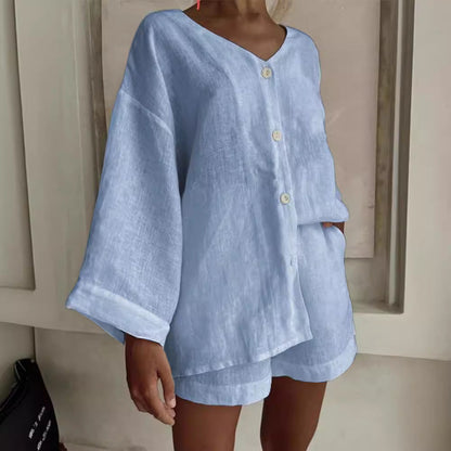 Women's Cotton Linen Shirt & Shorts Set – Long Sleeve, Button, Casual 2-Piece
