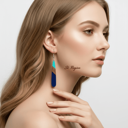 Mint Green & Navy Resin Wood Silvertone Color-Block Teardrop Hook Earrings