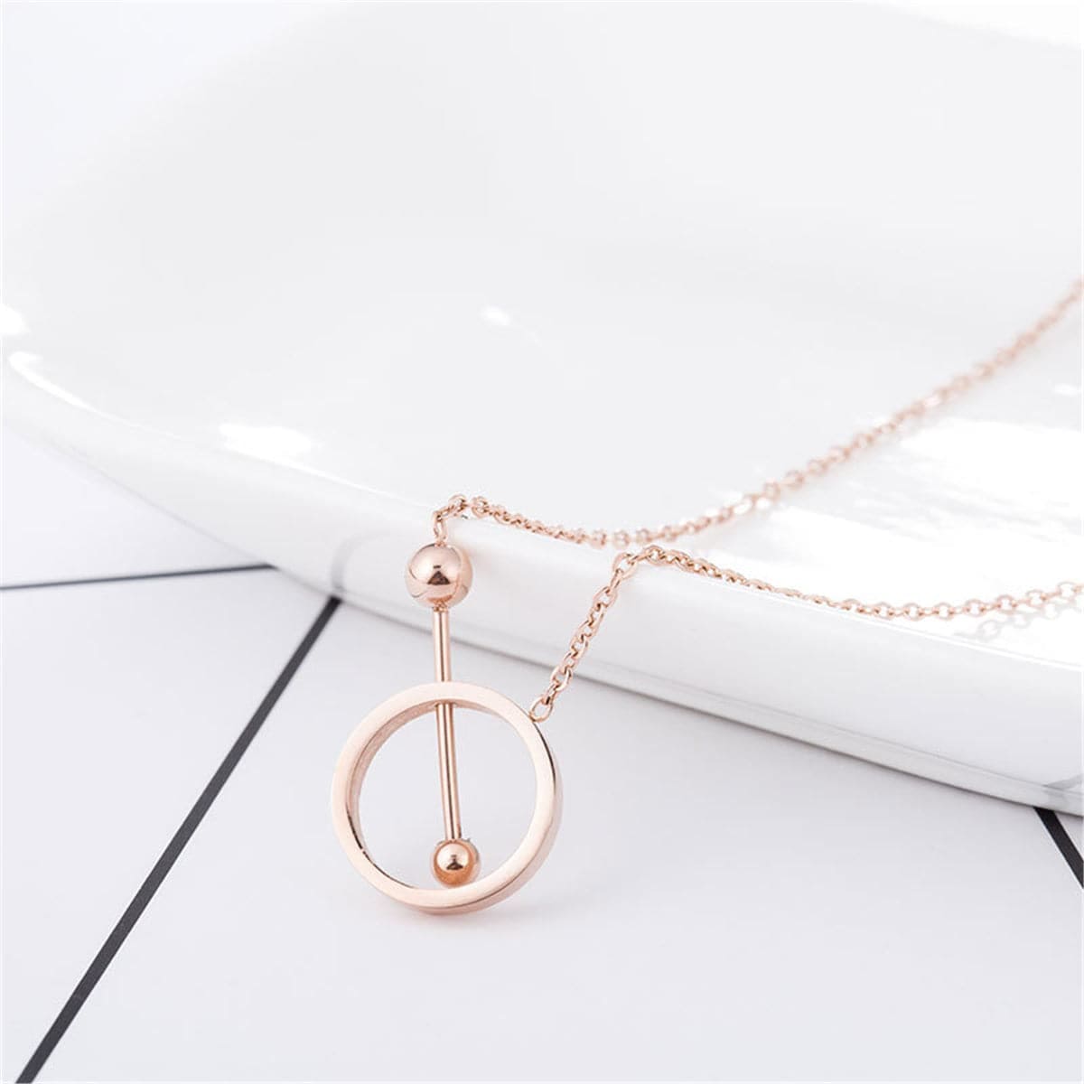 Rose Goldtone Hollow Circle & Bar Pendant Necklace