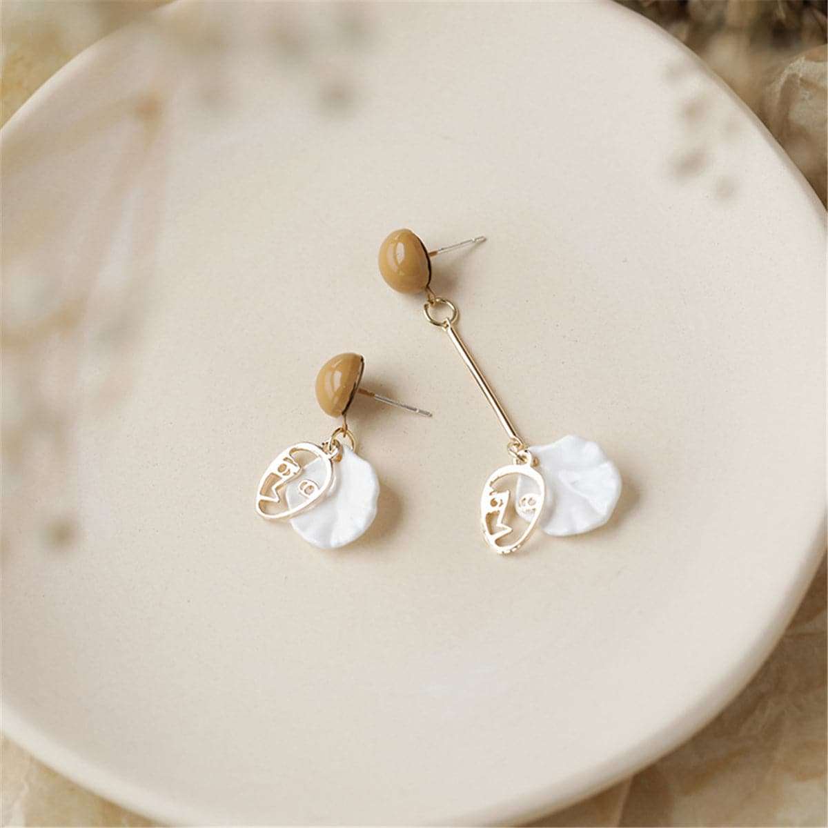 Taupe Acrylic & Shell Face Asymmetrical Drop Earrings