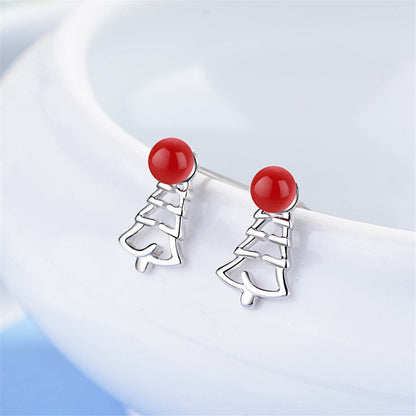 Red Pearl & Silvertone Tree Stud Earrings