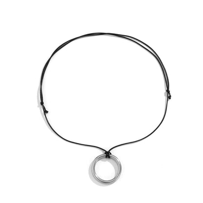 Black Yarn & Silvertone Circle Pendant Necklace