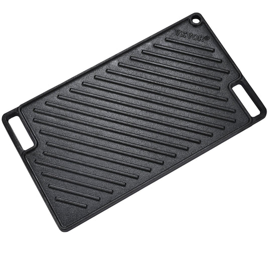 VEVOR Reversible Grill/Griddle, 9.7"x16.7" Pre-Seasoned Cast Iron Griddle, Rectangular Double Burner Griddle Pan, Non-Stick Family Pan Cookware with Handles, Flat Top Plate for BBQ, Gas Grill, Black - Black