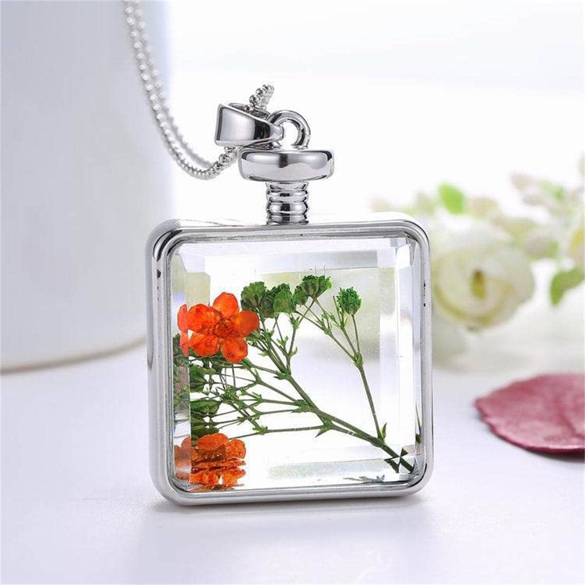 Green Pressed Flower & Silvertone Square Pendant Necklace