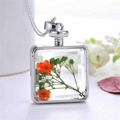 Green Pressed Flower & Silvertone Square Pendant Necklace