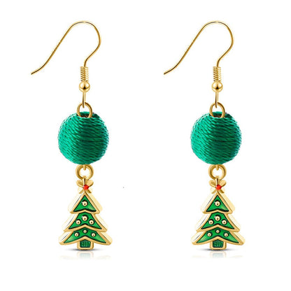 Green Polyster & Enamel Goldtone Christmas Tree & String Ball Drop Earrings