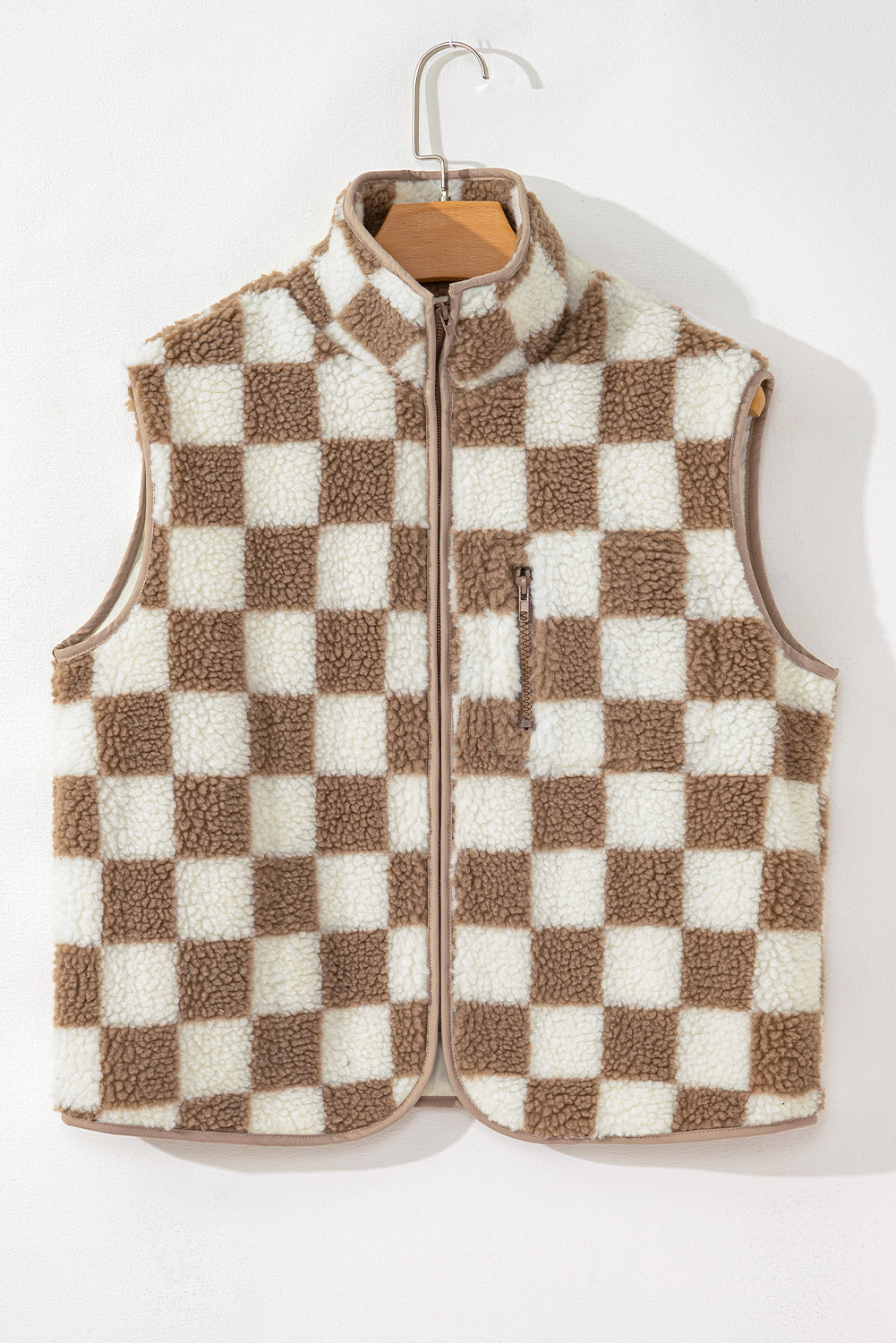 Threaded Pear Mindi Checkered Sherpa Collared Jacket Vest