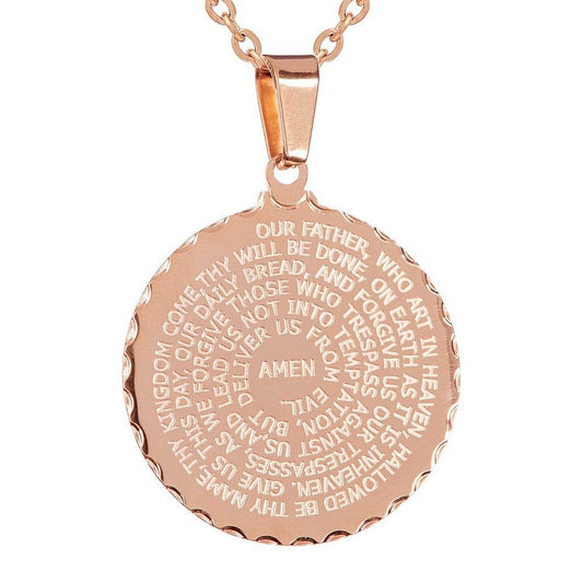SteelTime Women's Stainless Steel Our Father English Prayer Round Pendant