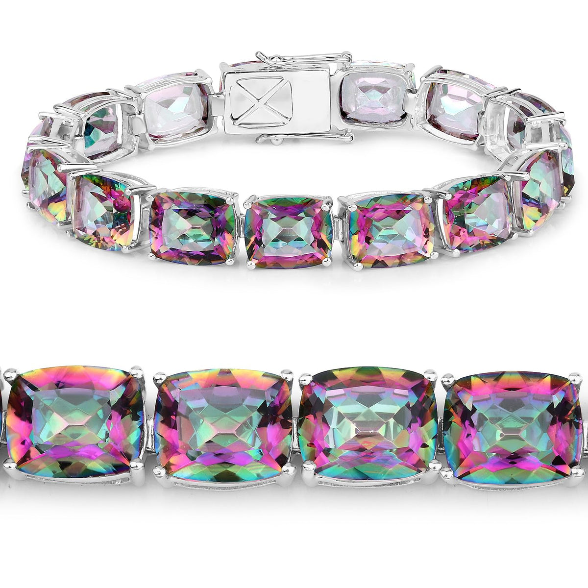 75.20 Cttw Cushion Rainbow Quartz Prong Silver Tennis Bracelet