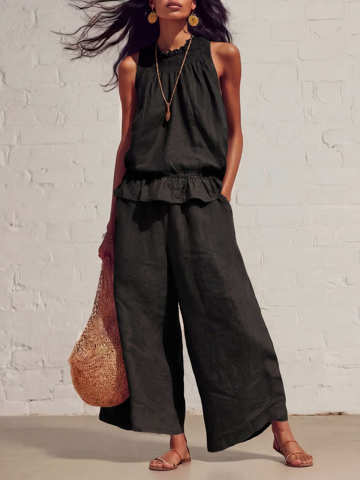 Women's Smocked Neckline Ruffle Hem Linen Tank & Wide-Leg Cropped Pants Set