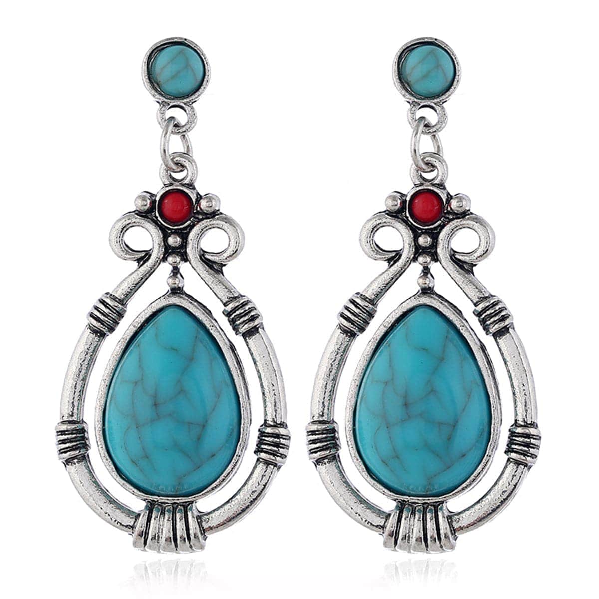 Turquoise & Silvertone Teardrop Earrings