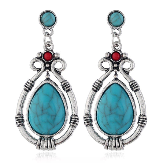 Turquoise & Silvertone Teardrop Earrings