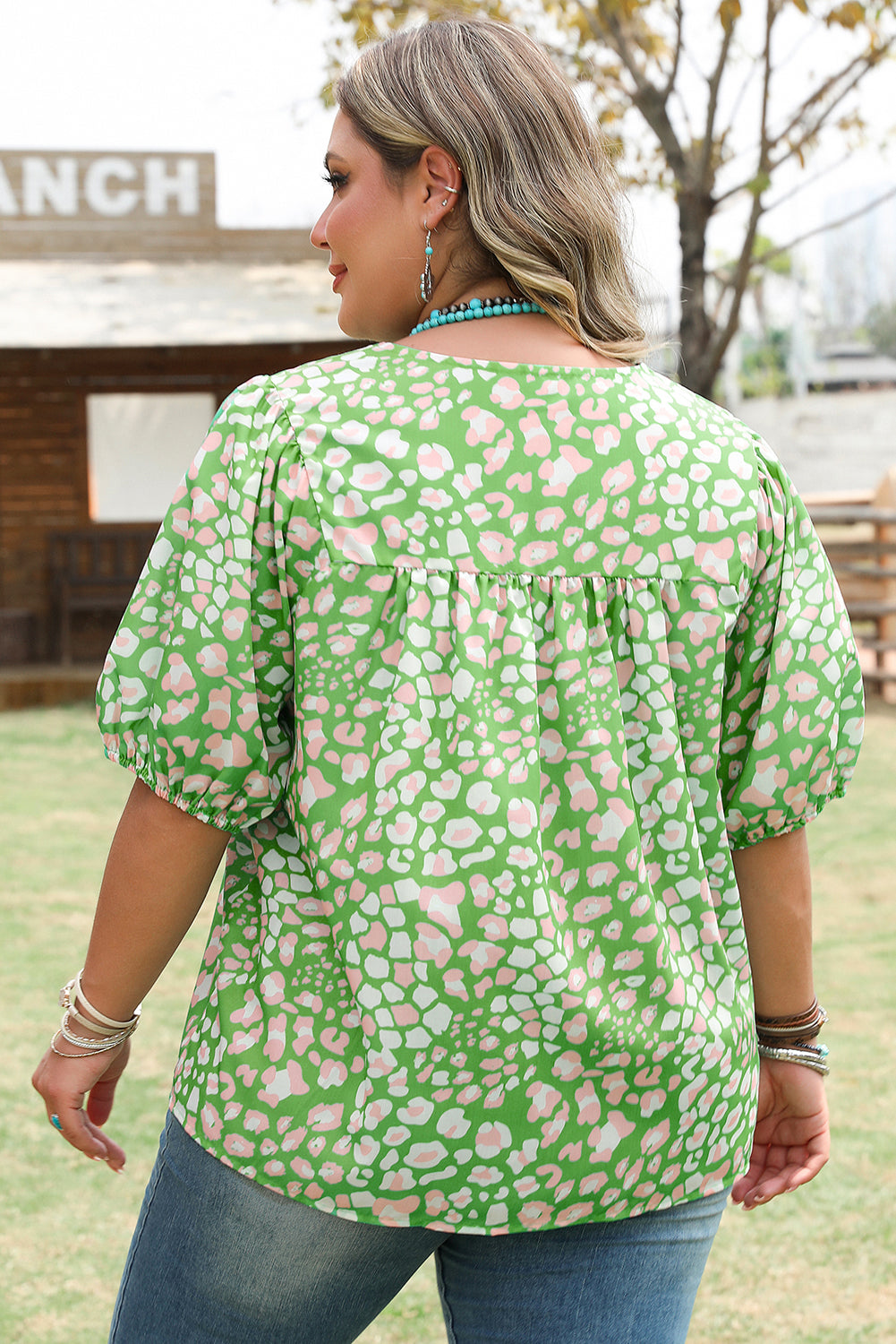 Threaded Pear Selena Plus Size Floral Tassel Tie Blouse