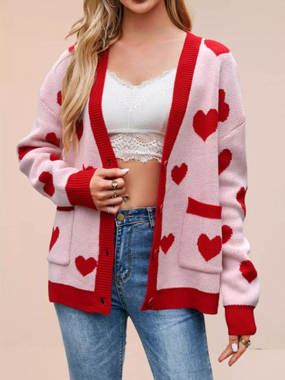Heart Pattern V-Neck Button-Down Knit Cardigan