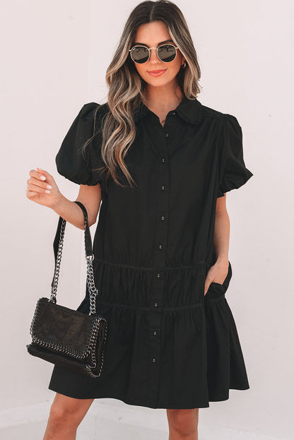 Threaded Pear Cassidy Button Down Puff Sleeve Ruffle Hem Dress