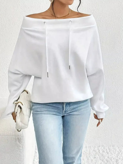 Off-Shoulder Drawstring Sweatshirt