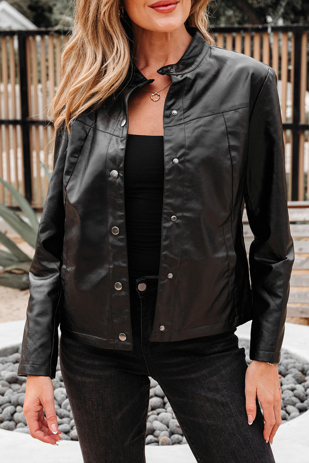 Threaded Pear Olive Faux Leather Buttoned Front Boxy Jacket