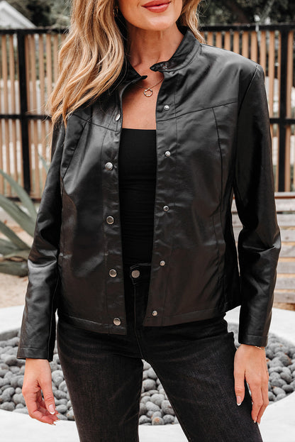 Threaded Pear Olive Faux Leather Buttoned Front Boxy Jacket