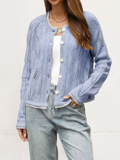 Hollow-Out Knit Button-Down Cardigan