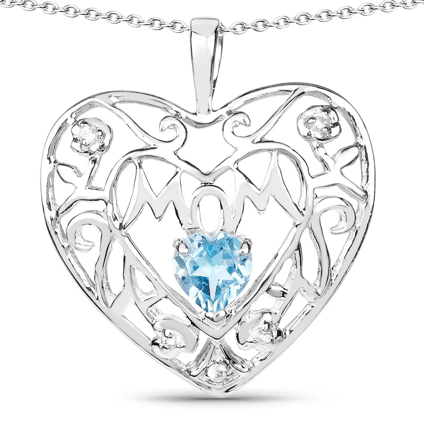 Heart Swiss Blue Topaz Prong Silver Mom Pendant Necklace