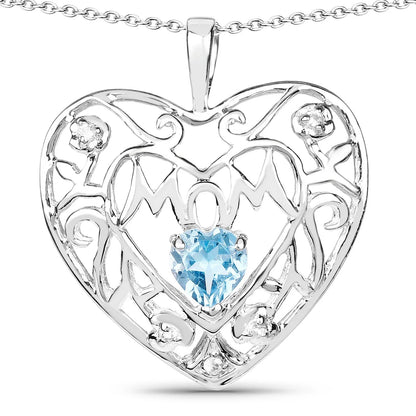 Heart Swiss Blue Topaz Prong Silver Mom Pendant Necklace