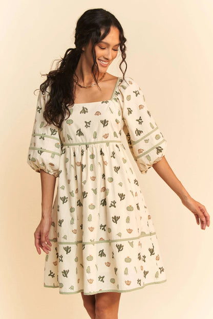 Davi & Dani Cactus Printed Poplin Contrast Piping Mini Dress