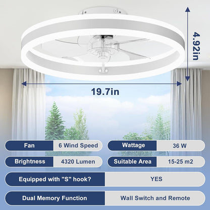 Low Profile Ceiling Fans with Lights and Remote, 19.7In Flush Mount Ceiling Fans with Light, 3000K-6500K Dimmable Fandelier LED Fan Light, White Bladeless Ceiling Fans with Lights for Bedroom