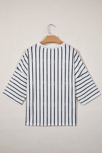 Danna Stripe Colorblock 3/4 Sleeve Loose T Shirt